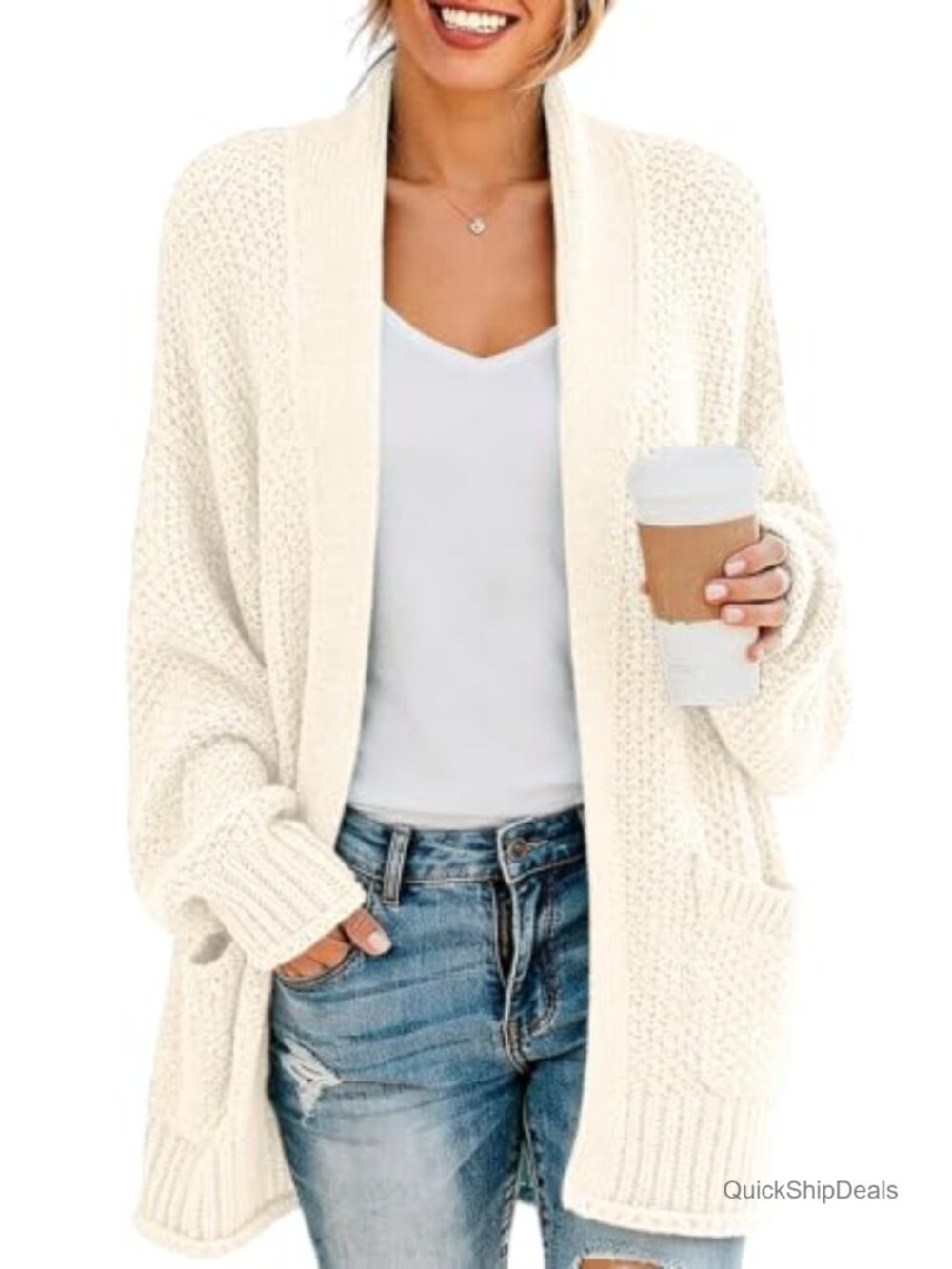 Women's Chunky Knit Open Front Cardigan Long Sleeve Loose Fit Pockets